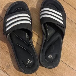 Adidas Black Slides with White Stripes